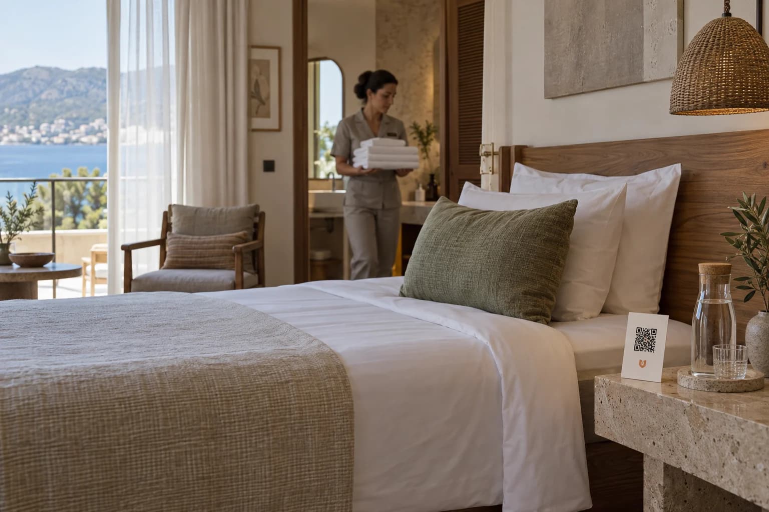 A hotel room with a QR service card and an attendant bringing fresh towels.