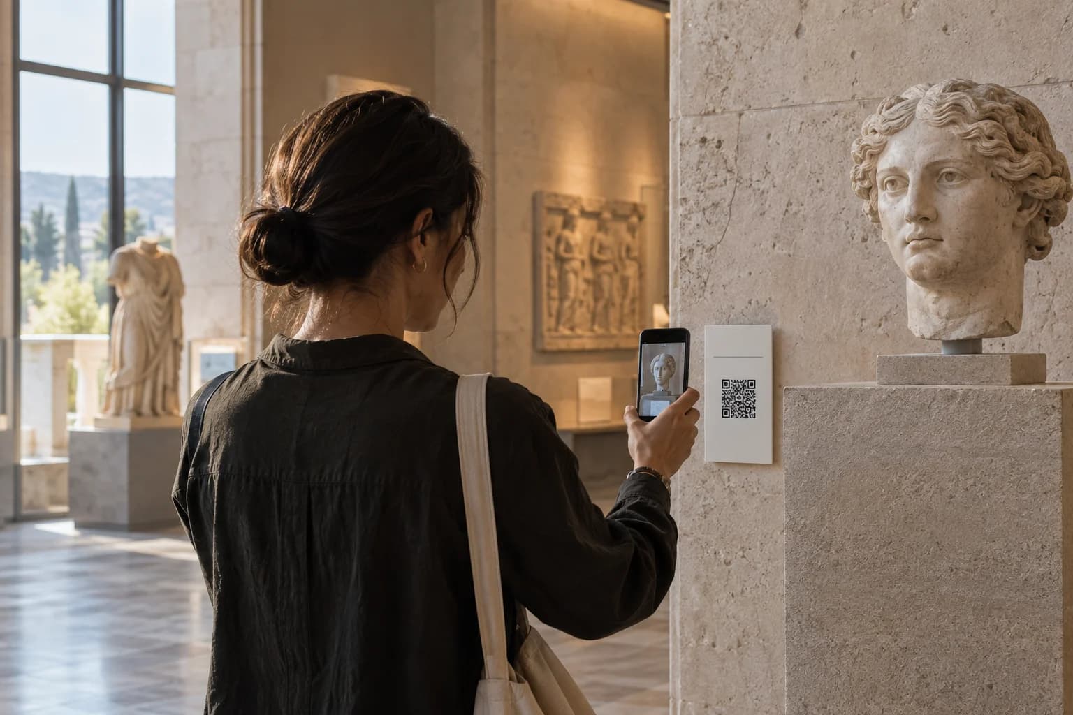 A museum visitor using a QR guide next to a marble sculpture.