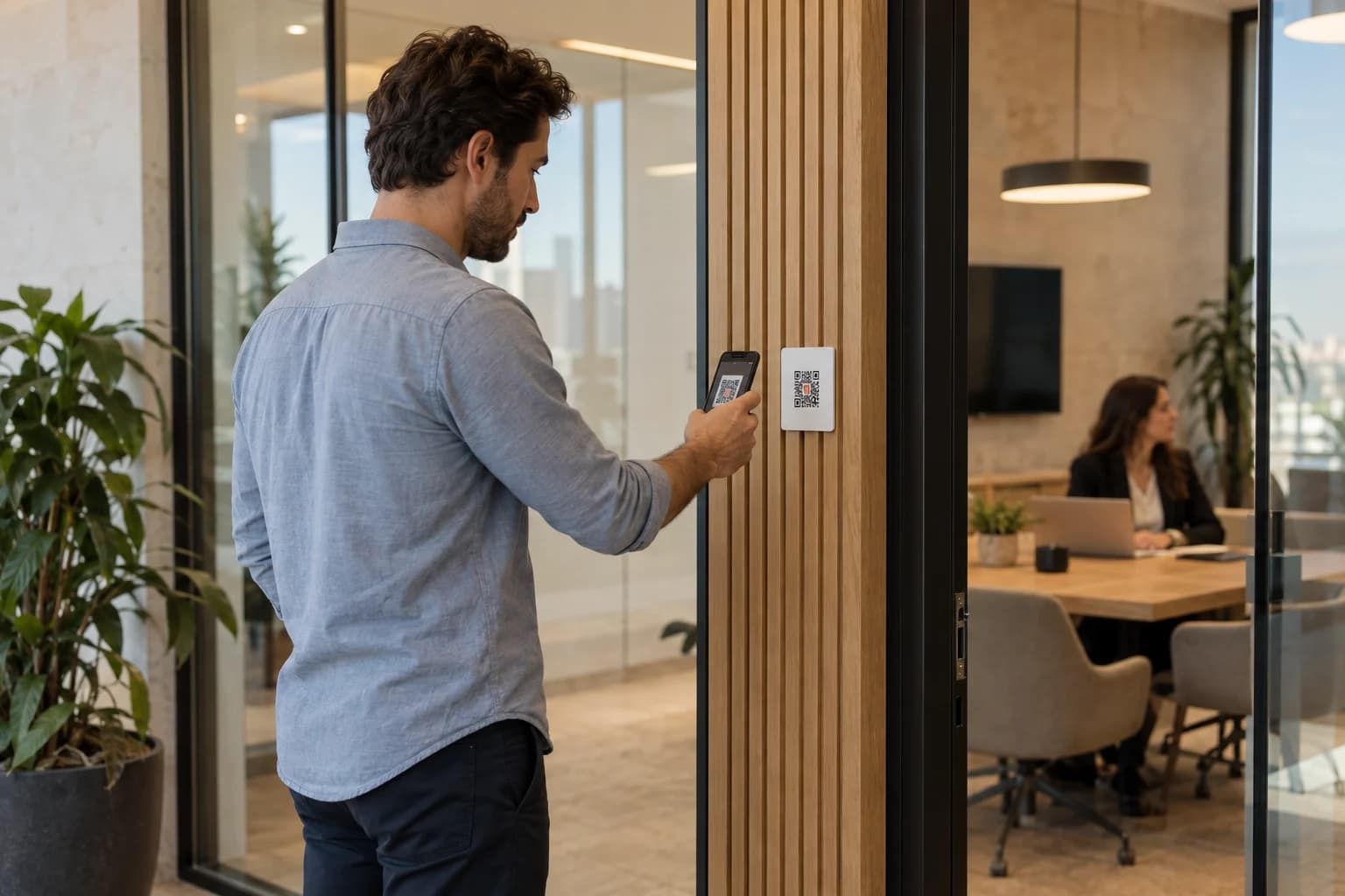 An employee scanning the QR code beside a meeting room.