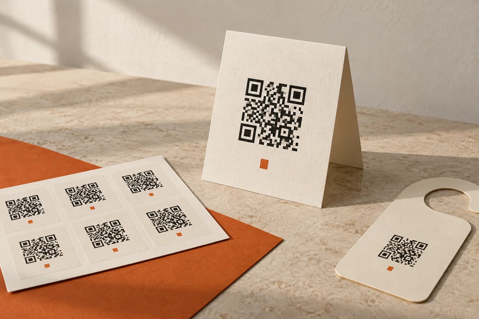 Printed QR table tent, sticker sheet and hotel door hanger on a stone surface.