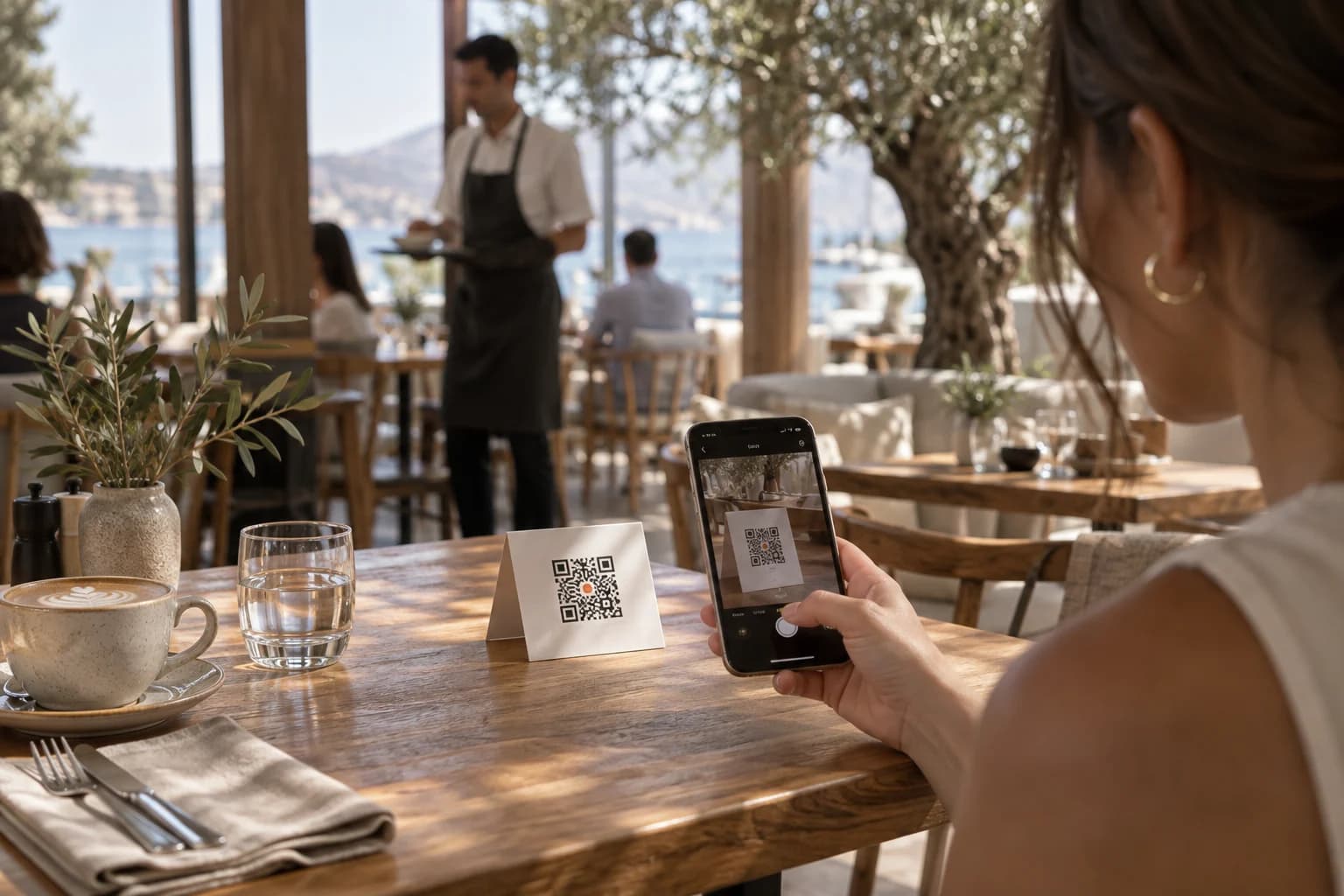 A guest scans a table QR code in a sunlit cafe.