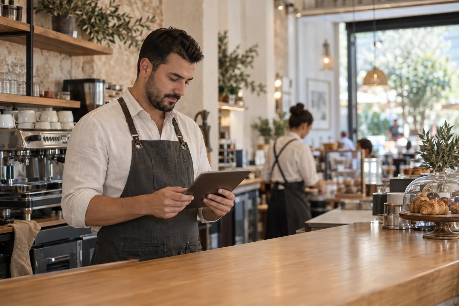 A cafe manager checks requests on a tablet while the team serves guests.