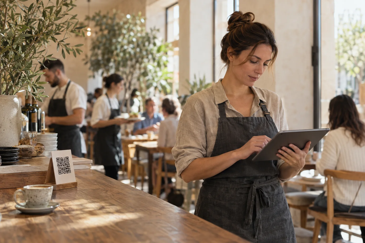 A cafe manager checks her tablet beside a QR code on the counter while her team serves guests.