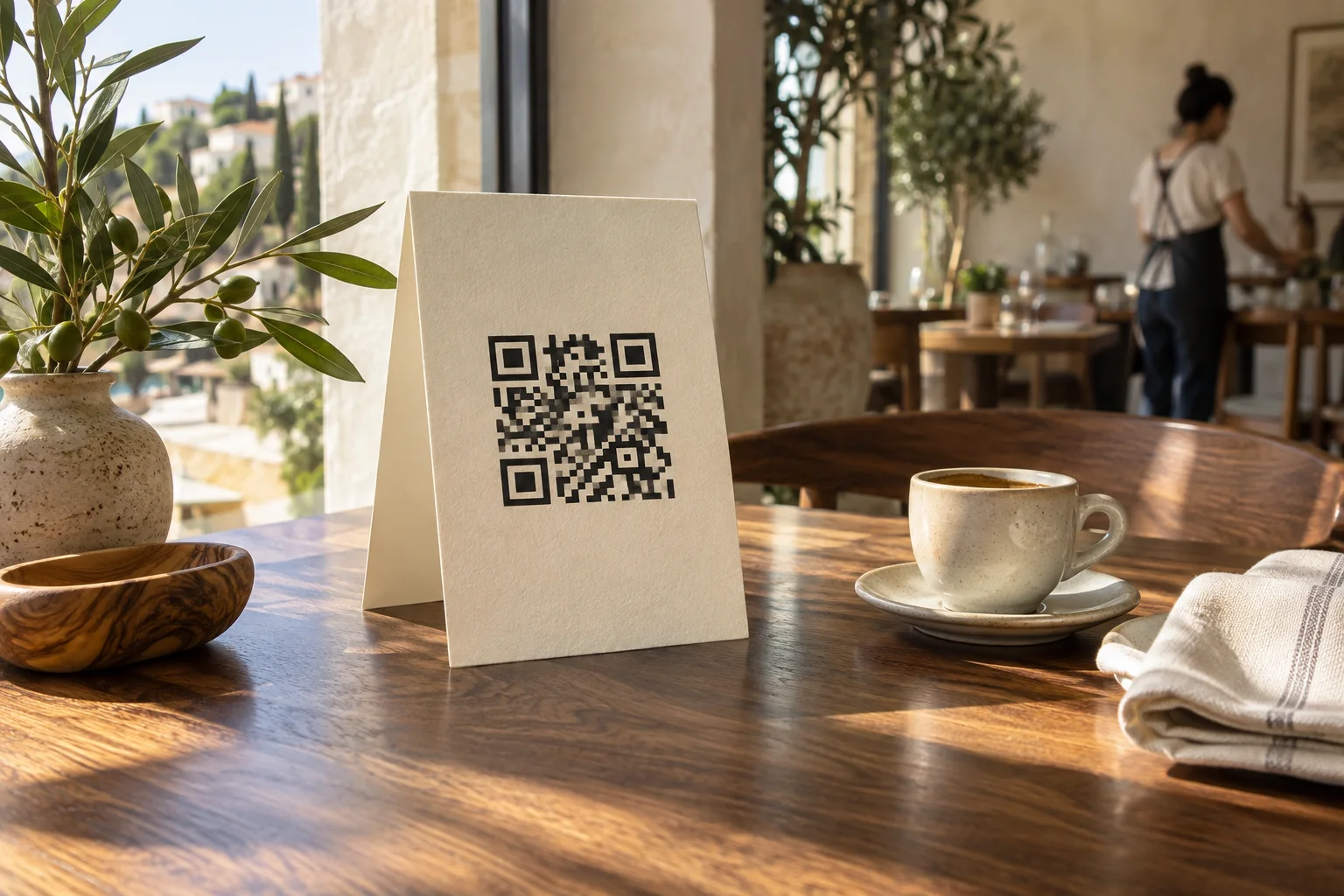 A printed QR code beside an espresso and linen napkin on a sunlit cafe table.