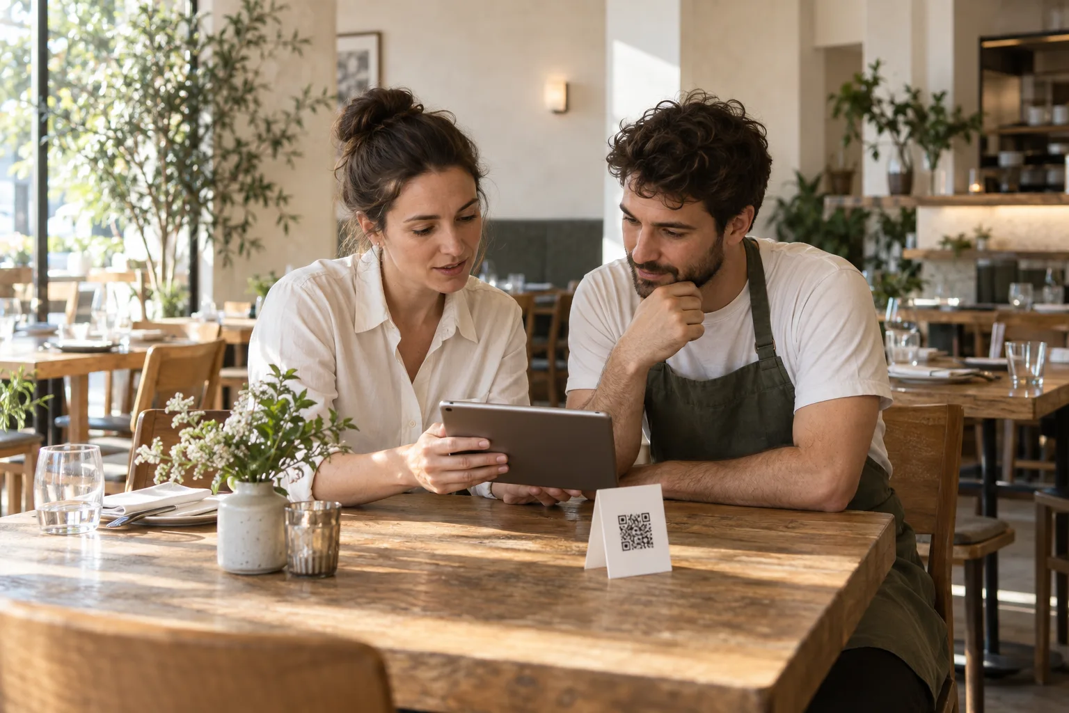 Two restaurant colleagues reviewing a tablet beside a QR table card.