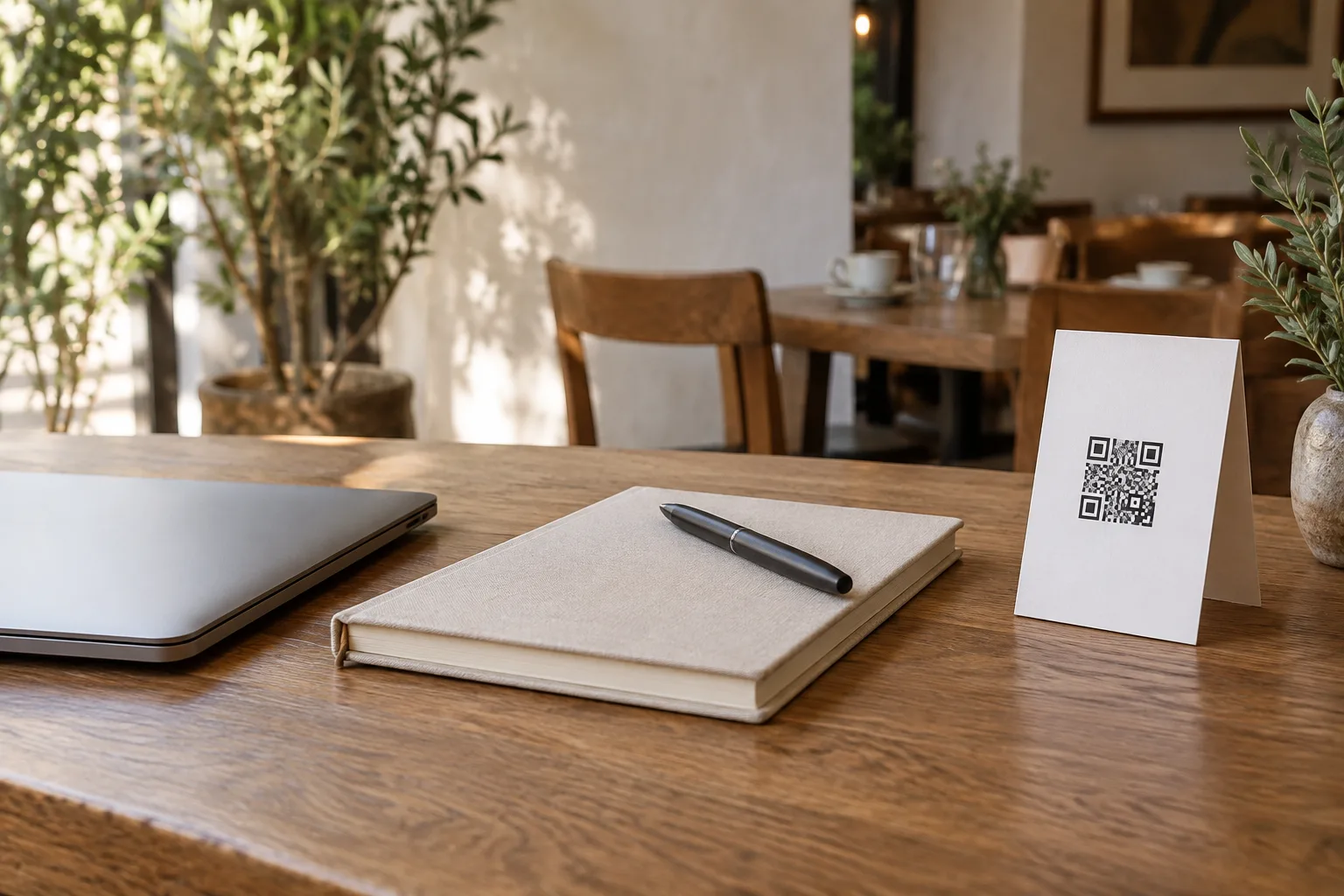A notebook, laptop and QR table card on a sunlit restaurant desk.